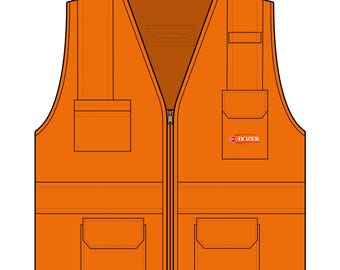 May include: A bright orange safety vest featuring a full-length front zipper, two large lower pockets, and two smaller upper chest pockets. The left chest pocket displays a small red and white logo with the text DCI DOZER CONSTRUCTION.