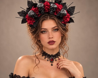 Gothic Skull Rose Headband - Red Black Flower Crown with Spikes, Halloween Headpiece Costume Accessory