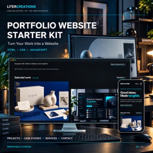 May include: A digital portfolio website starter kit featuring HTML, CSS, and JavaScript. The display shows a dark-themed interface with the text Portfolio Website Starter Kit, Turn Your Work Into a Website, and North Form, showcasing creative projects.