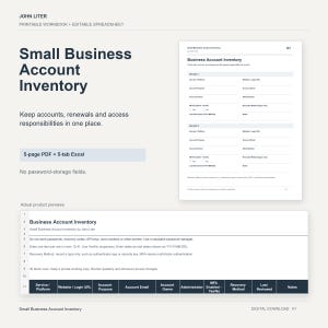 Sjabloon voor inventarisatie van accounts van kleine bedrijven, afdrukbaar als PDF en Excel, inclusief domein- en abonnementsregistratie.