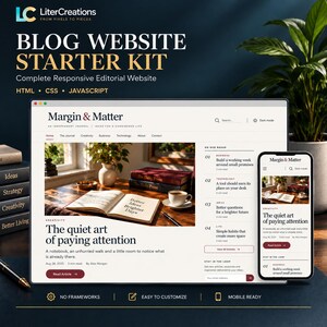 May include: A digital product display showing a Blog Website Starter Kit with HTML, CSS, and JavaScript. The screen features a website titled Margin & Matter, displaying an article titled The quiet art of paying attention on desktop and mobile.