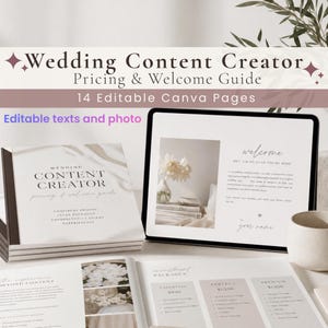 May include: A digital wedding content creator pricing and welcome guide template featuring 14 editable Canva pages. The display shows a tablet screen and printed documents with text including Wedding Content Creator, Pricing & Welcome Guide.