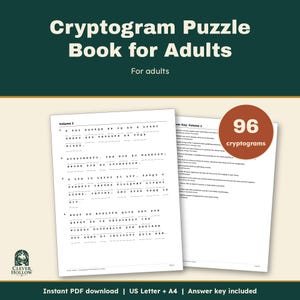 May include: A Cryptogram Puzzle Book for Adults featuring 96 cryptograms. The cover displays the title in bold text, while the interior pages show numbered puzzle lists and an answer key. The Clever Hollow logo is visible in the corner.