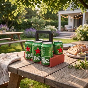 May include: A red plastic carrier holding four green Heineken beer cans with a black handle. The cans feature the brand's signature red star logo and white text. The carrier is positioned on a wooden table, providing a convenient way to transport the beverages.
