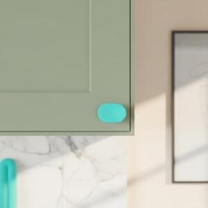 May include: A sage green cabinet door featuring a single, oval-shaped, bright turquoise knob. The knob has a smooth, rounded surface with a subtle, centred circular indentation, providing a distinct colour contrast against the muted green panel.