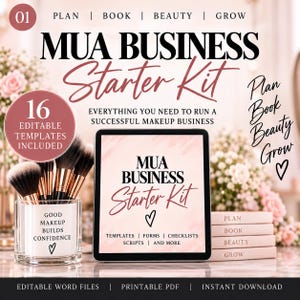 May include: A digital tablet displaying MUA Business Starter Kit with templates, forms, and checklists. Beside it, a glass holder contains makeup brushes and the text Good Makeup Builds Confidence. Four stacked books labeled Plan, Book, Beauty, Grow.