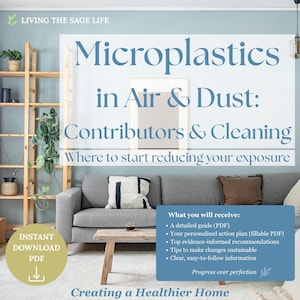 May include: A digital guide titled Microplastics in Air & Dust: Contributors & Cleaning, featuring text about reducing exposure, a list of PDF contents, and the phrase Creating a Healthier Home, overlaid on a living room with a sofa and shelving.