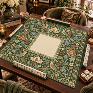May include: A square mahjong mat featuring a dark green background with a repeating pattern of birds, flowers, and foliage in muted tones. The center is a plain cream square, and the mat is surrounded by mahjong tiles on racks and in small trays.