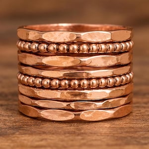 8 Piece Solid Copper Ring Set, Stackable Boho Rings, Hammered and Beaded Copper Jewelry