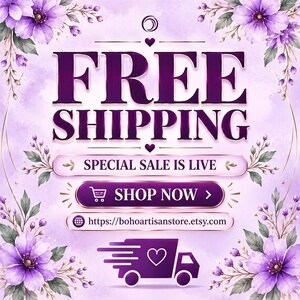 The image is an advertisement for a free shipping promotion. It features a purple background with purple flowers and a purple banner that reads "FREE SHIPPING". Below the banner, there is a purple button that says "SHOP NOW". The image also includes a purple delivery truck icon and a website URL "https://bohoardisantore.com".