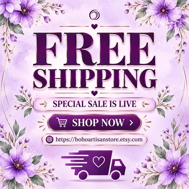 The image is an advertisement for a free shipping promotion. It features a purple background with purple flowers and a purple banner that reads "FREE SHIPPING". Below the banner, there is a purple button that says "SHOP NOW". The image also includes a purple delivery truck icon and a website URL "https://bohoardisantore.com".
