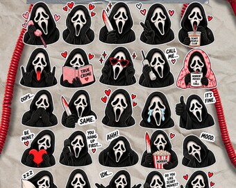 May include: A sticker sheet featuring twenty-five Ghost Face character illustrations in black robes. The characters are shown in various poses with accessories like a knife, phone, popcorn, and heart icons, accompanied by text like True Crime and Call Me.