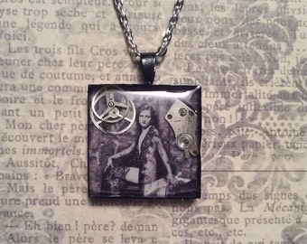 Resin Black Patina Square Pendant with Vintage Alfred Cheney Johnston Pin Up Flapper Photo and Clockwork on Silver Necklace