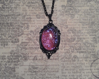 Tell Me Your Secrets. Vintage Dragon's Breath Jelly Opal Glass in Black Cameo Style Enameled Pendant Necklace.