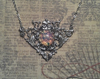 Vintage 1940's Harlequin Opal Czech Glass in Ornate Silver Floral Vine Filigree Pendant Necklace