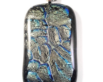 Bottom of the Ocean Blue and Silver Metallic Rock Pattern Fused Dichroic Pendant on Silver Necklace