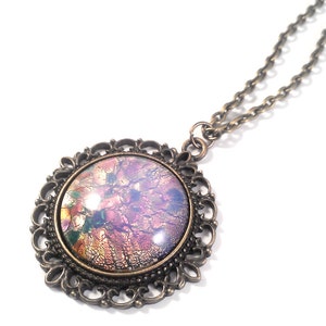 Vintage Czech Harlequin Opal Glass in Antiqued Bronze Pendant Necklace