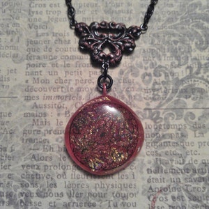 Red and Metallic Hinted Dichroic Fused Glass Lavalier Pendant with Floral Filigree Red and Black Patina Connector on Necklace