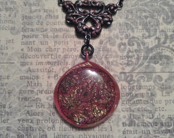 Red and Metallic Hinted Dichroic Fused Glass Lavalier Pendant with Floral Filigree Red and Black Patina Connector on Necklace