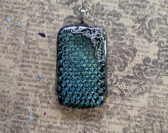 Blue, Black, and Silver Metallic Fused Dichroic Glass Pendant with Silver Flourish Metal Accent Necklace