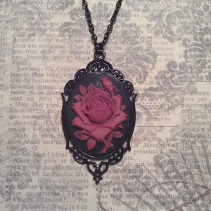 Red and Black Resin Rose in Cameo Style Pendant Setting on Black Enameled Necklace