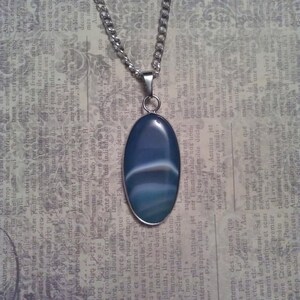 Natural Oval Green and White Striped Gemstone Agate Slab in Simple Pendant on Silver Necklace