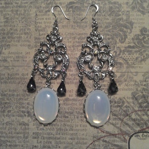 Ornate Chandelier Filigree 925 Sterling Silver Earrings With Vintage 1960&#39;s White Opal Glass and Smoky Crystal Teardrop Accents