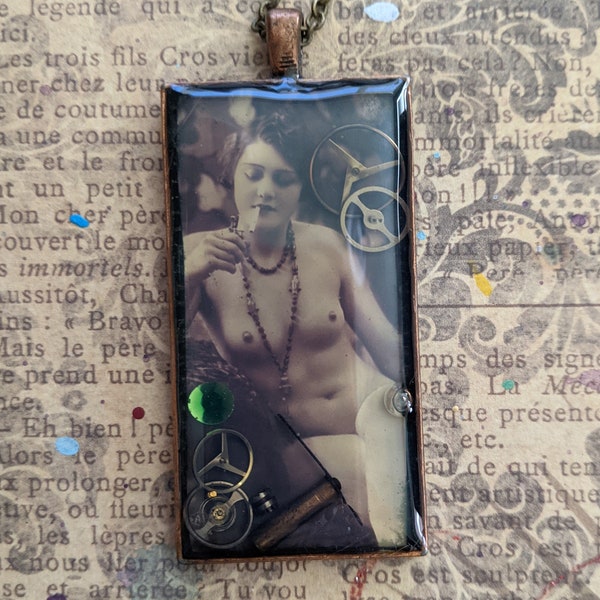 Steampunk Resin Rectangle Pendant with Clockwork And Burlesque Pin Up Smoking Model Photo on Bronze Necklace