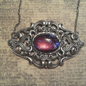 Beyond This Time. Vintage Dragon&#39;s Breath in Ornate Oxidized Silver Filigree Framework Pendant Necklace.