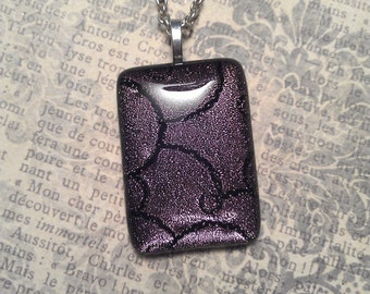 Dichroic Glass with Hot Pink Bubble Metallic Foil Pattern Rectangle Pendant on Silver Necklace.