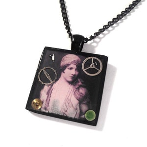 Steampunk Resin Pendant with Vintage Alfred Cheney Johnston Flapper Photo, Clockwork, and Swarovski Crystals in Black Enameled Necklace