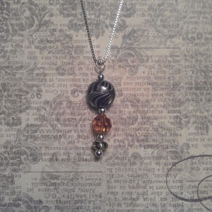 Simple Beaded Drop Pendant with Black and White Swirl Lampwork Glass and AB Aurora Borealis Faceted Bead on 925 Sterling Silver Necklace