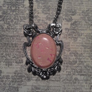Vintage Pewter Silver Floral Ornate Pendant with Red Glow in the Dark UV Resin Cab and Heart Glitter Accents on Necklace