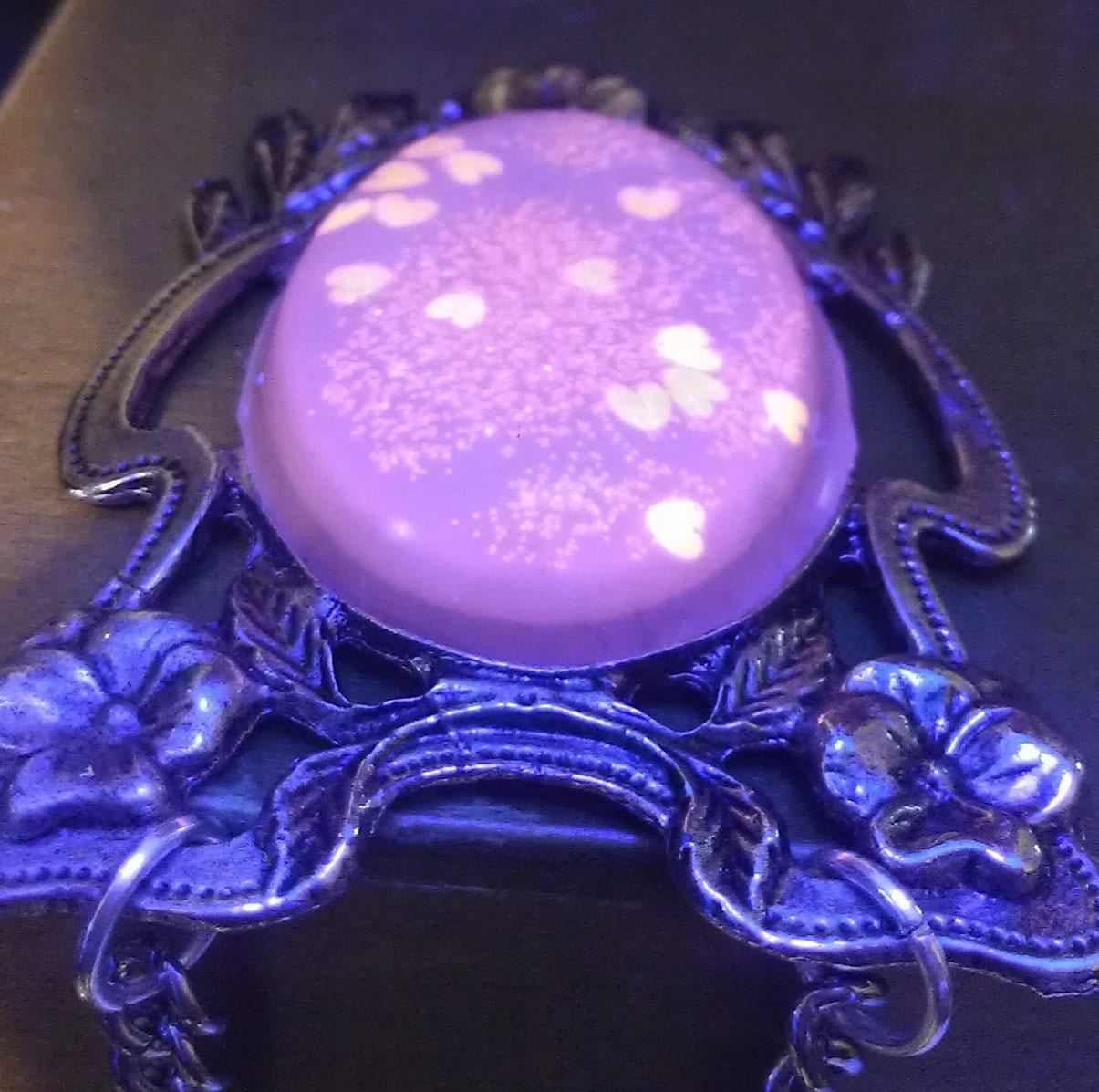 Vintage Pewter Silver Floral Ornate Pendant With Red Glow in the Dark