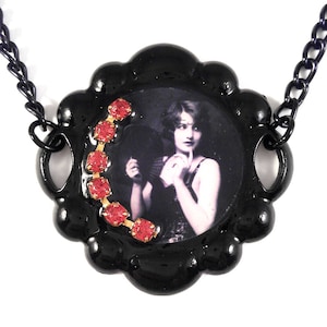 Vintage Alfred Cheney Johnston Pin Up Flapper Photo in Resin with Red Rhinestone Strand in Black Enameled Bubble Edge Pendant Necklace