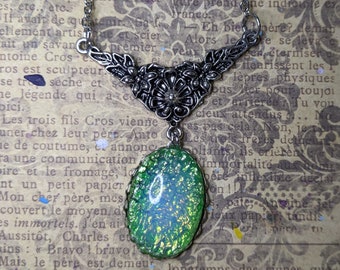 The Night is Mine. Vintage 1940's Japanese Green Opal Glass Pendant with Floral Art Deco Lavalier Silver Necklace