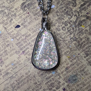 Tears of the Moon. Iridescent Clear Dichroic Fused Glass Tear Drop Pendant in Silver Necklace.