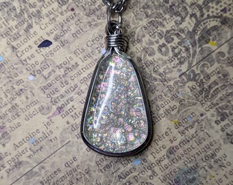 Tears of the Moon. Iridescent Clear Dichroic Fused Glass Tear Drop Pendant in Silver Necklace.