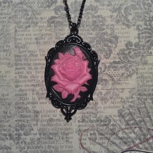 Cotton Candy Pink and Black Glow in The Dark - UV Rose Floral Cameo with Black Enameled Pendant on Necklace