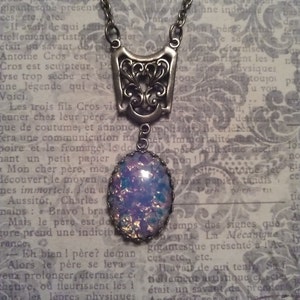 1940&#39;s Vintage Harlequin Opal Glass in Crown Edge Lavalier Pendant With  Filigree Connector on Antiqued Bronze Necklace