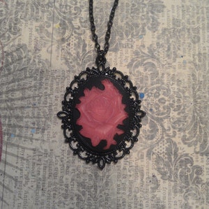 Red Glow in the Dark UV Resin Floral Rose Cameo in Black Patina Pendant on Necklace