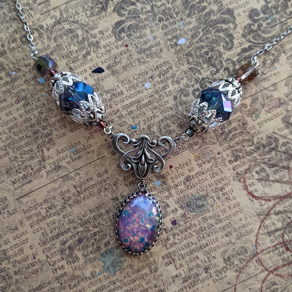 1940's Harlequin Opal Glass in Antiqued Silver Floral Orchid Vine Filigree and Blue Crystal Beaded Accent  Necklace