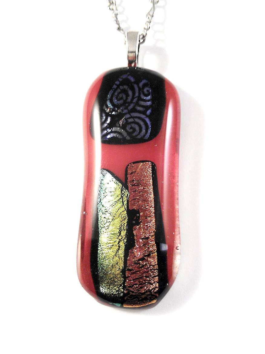 Red Dichroic Fused Lamp Work Glass Rectangle Pendant with Metallic Accents and Blue Swirls on Silver Necklace