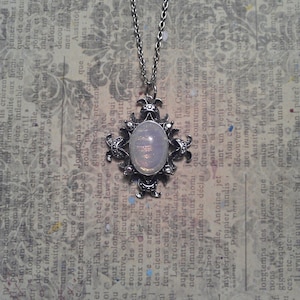 Vintage Milky Peach Pink Opal Glass with Gold Flecks in Ornate Silver Crown Pendant on Necklace