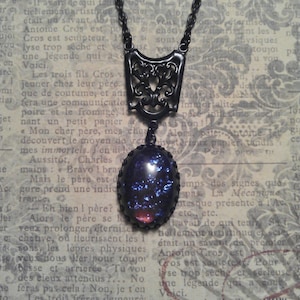 Vintage Dragon&#39;s Breath Jelly Opal Glass in Black Patina Crown Edge Setting with Filigree Connector Lavalier Pendant on Necklace