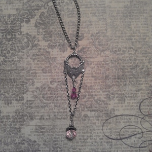 Simple Floral Oxidized Silver 3 Strand Connector and Pink Faceted Bead Accents Drop Pendant on Necklace