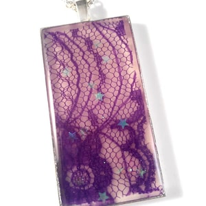 Purple Glow with Floral Lace and Star Glitter in Silver Pendant Necklace