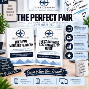 May include: Two white books titled The New Manager Playbook and The Coaching & Accountability Guide, a black pen with the text A Clearer Tomorrow, and a white mug with the text Better Leaders Brighter Tomorrows, featuring blue mountain graphics.