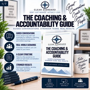 May include: A white booklet titled The Coaching & Accountability Guide with a compass logo, mountain graphic, and the text Don't Just Manage. Actually Lead. Includes a dark blue pen with the text A Clearer Tomorrow and a white mug with Better Conversations Brighter Teams.