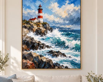 Lighthouse Oil Painting, Coastal Wall Art, Ocean Wave Painting, Impasto Seascape, Nautical Wall Decor, Beach House Art